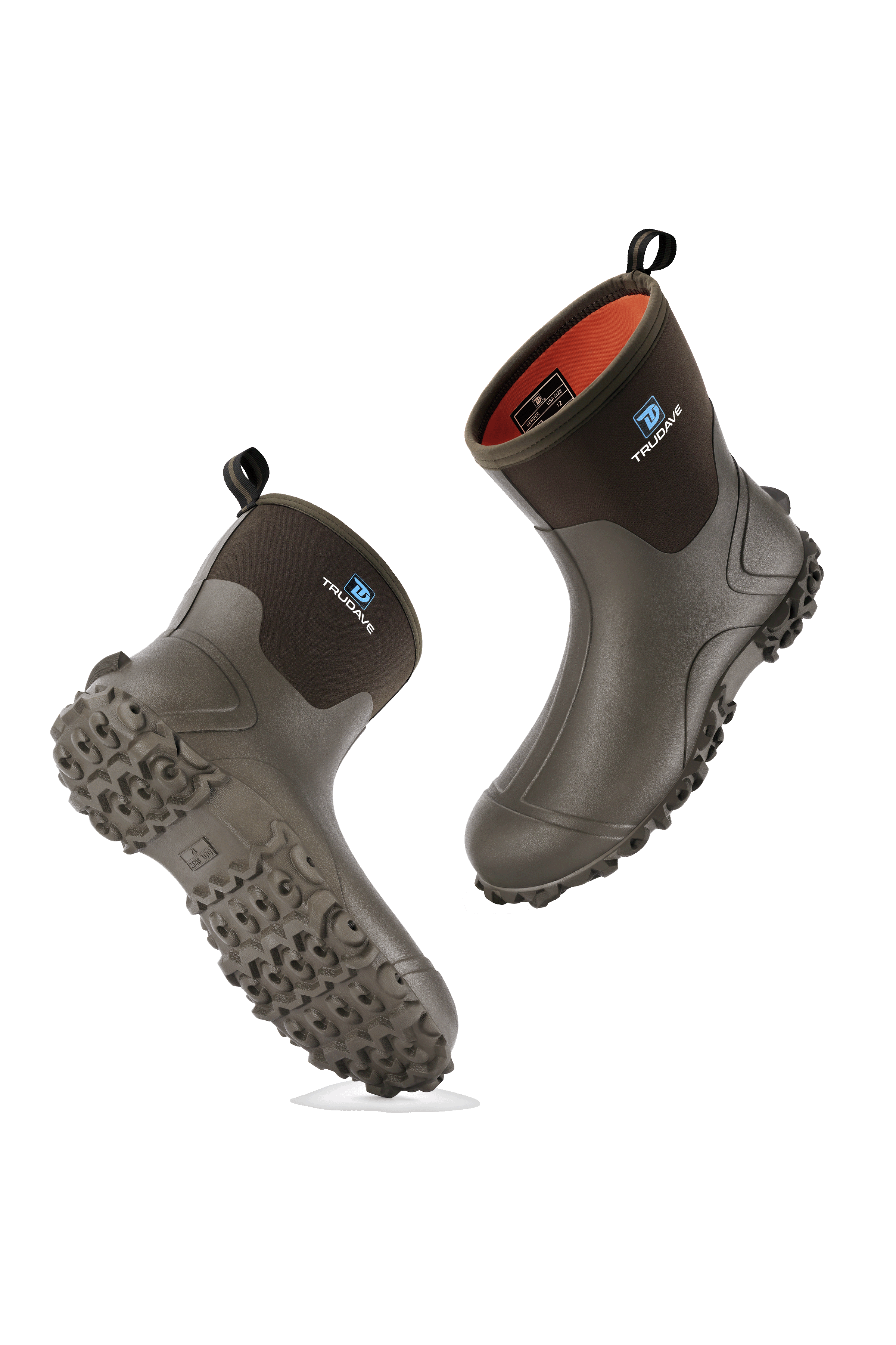 alt="Side view of Trudave AquaGrip Series men’s waterproof mid-calf rubber work boots in olive green highlighting non-slip outsole tread for traction and stability in gardening, farming, and rainy conditions"